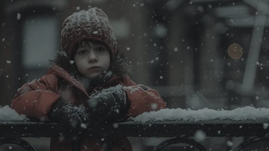 Un jeune enfant en manteau rouge, appuyé à la rambarde d’un balcon sous la neige