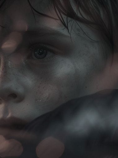 Un enfant regarde par la vitre d’une voiture couverte de pluie, avec des lumières rouges et orangées floues à l’extérieur.
