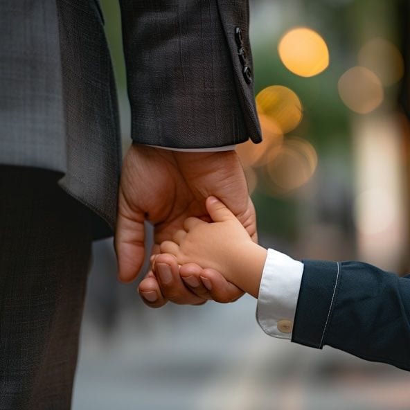 Un adulte en veston tient la main d’un jeune enfant